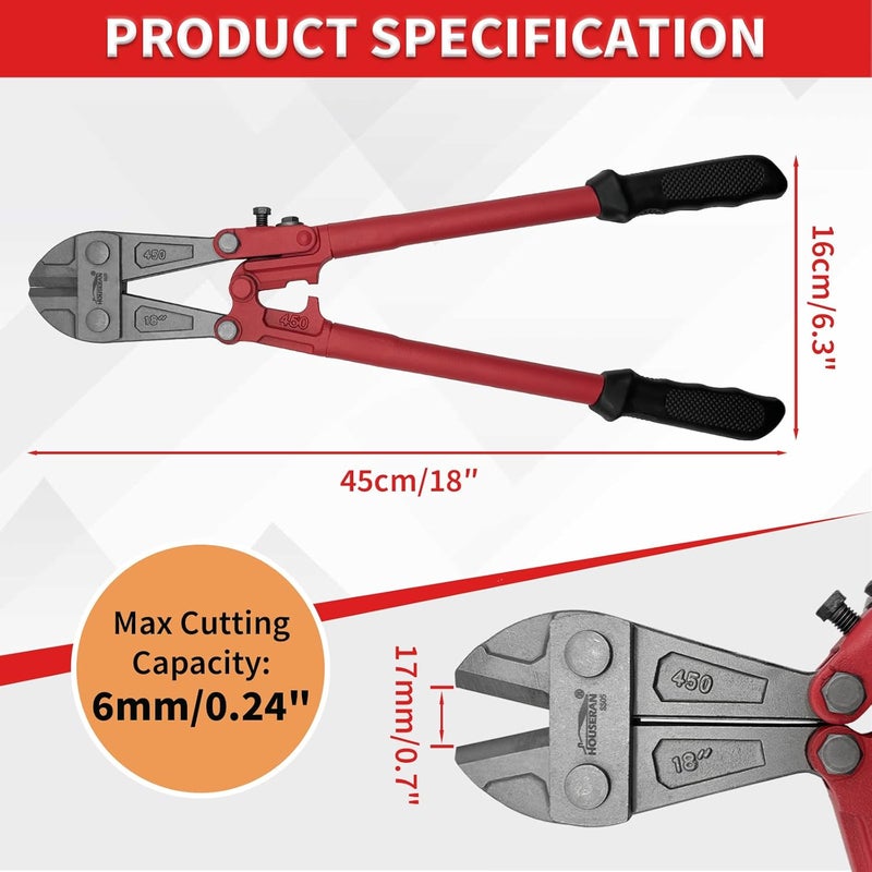 HOUSERAN Bolt Cutter 18 inch, Bolt Cutter with Comfort Handle Grip, Heavy Duty Bolt Cutter for Fences, Steel Wire, Chains, Screws, Locks, and Rivet - Image 3
